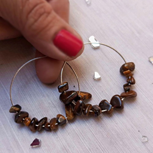 Tiger's Eye Stone Hoop Earrings new, beige and brown