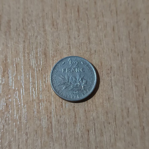 Collectible 1/2 Franc France coin 1968 used, nickel