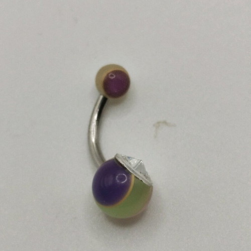 Steel navel earrings with crystals and synthetic beads in purple, green, yellow