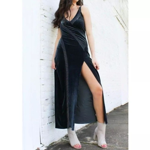 Free People velvet maxi dress new, grey with front slit size XS