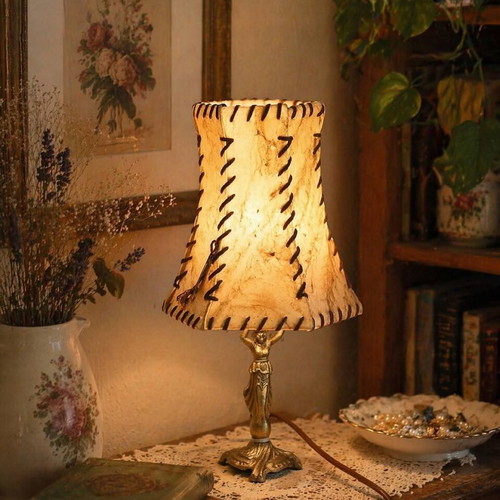 Vintage bronze lamp with natural leather lampshade Art Nouveau style like new
