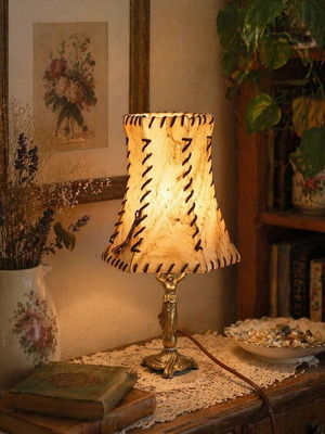 Vintage bronze lamp with natural leather lampshade Art Nouveau style like new