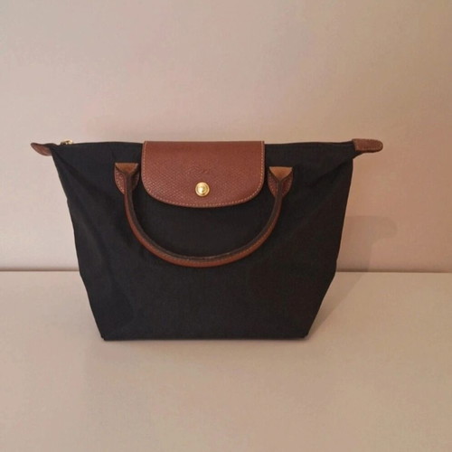 Longchamp Le Pliage black handbag with brown leather details