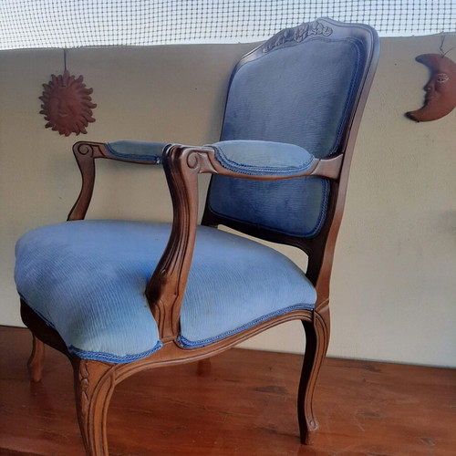Vintage living room armchair, dark walnut wood, velvet upholstery