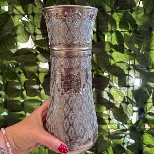 Vintage metal vase used with embossed designs 24 cm