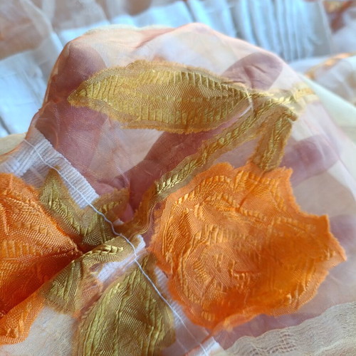 Curtains organza with embossed yellow flowers and orange stripes, new set of 2