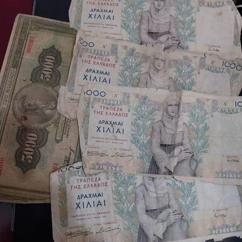 Banknotes 5000 Drachmai 1932 and 1000 Drachmai 1935 used, pack of 5