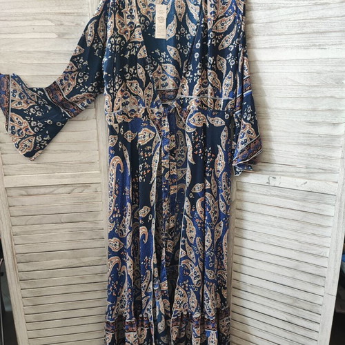 Rima Beachwear maxi kimono wrap dress, dark blue multicolor