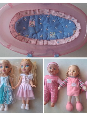 Dolls and bath-port bebe like new, set of 5 dolls and 1 bath-port bebe