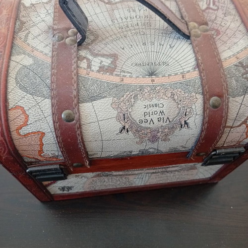 Globe-themed wooden and leather chest like new