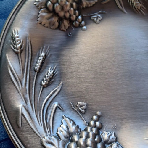 Metal Decorative Plate with Embossed Grapes and Wheat used, with box
