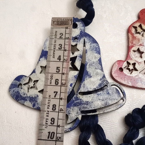 Wooden bell elements used, set of 2, blue and red with silver details