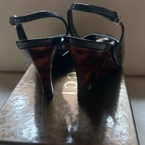 Gucci peep-toe wedge sandals used, black patent leather, size 37.5