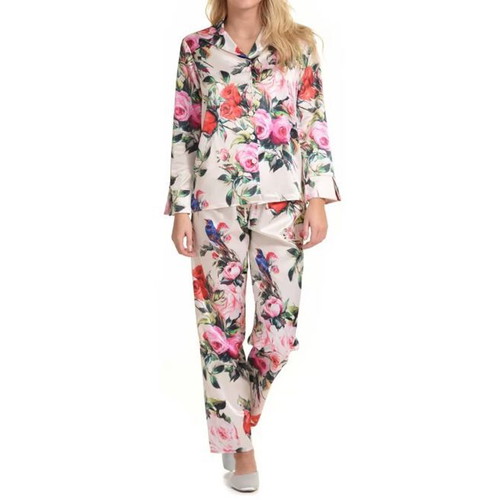 Women's Satin Buttoned Floral Pajamas MISS ROSY Beige 6111 Large New