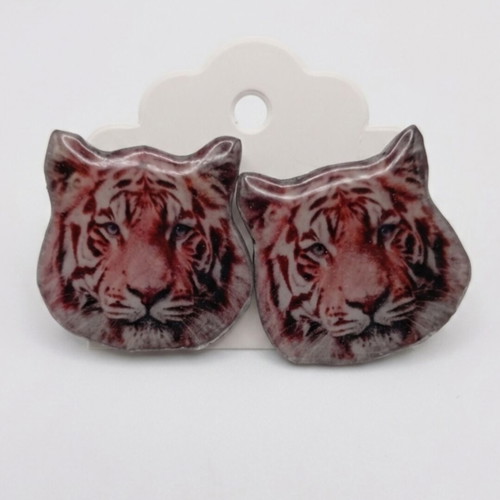 Handmade tiger earrings with steel clasp new, pink and silver