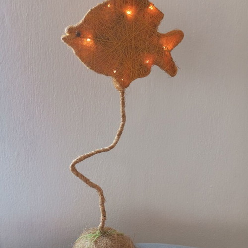 Handmade fish table lamp with rope, boho style