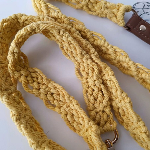 Handmade knitted dog leash yellow new with brown and rose gold details