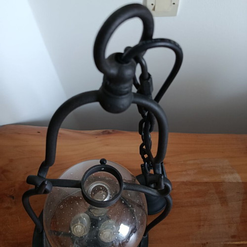 Viokef vintage hanging lantern light with bubble glass, three-light