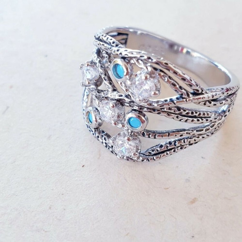 925 Silver Solid Ring Vintage 70ies with Turquoise and Cubic Zircon Like New