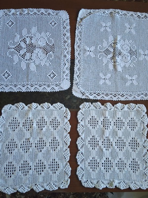 Square doilies set used, handmade crochet, white