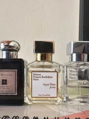Maison Francis Kurkdjian Aqua Vitae Forte 70ml, Jo Malone Bronze Wood & Leather 50ml, Maison Francis Kurkdjian Gentle Fluidity