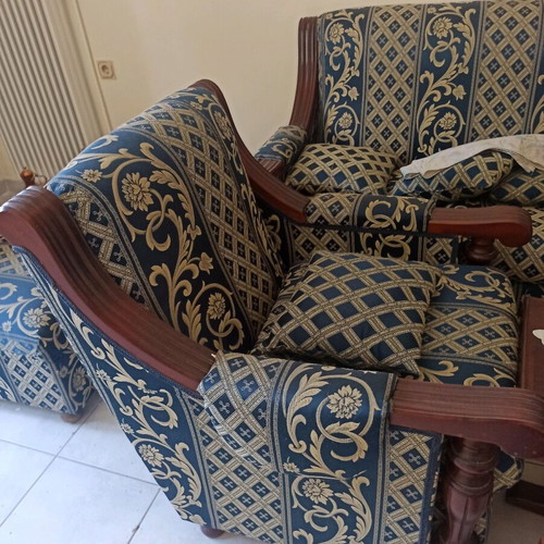 Classic three-seater sofa used with 2 armchairs and stool