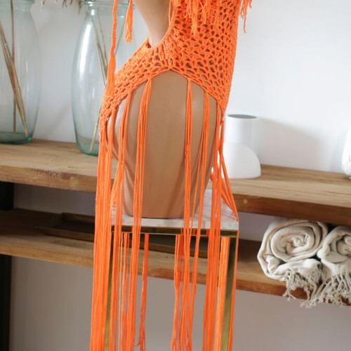 Beachwear one-piece orange new with braided pattern and tassels