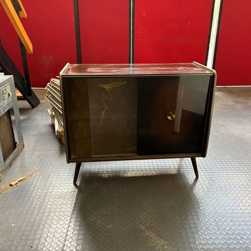 Wooden bar and audio system display cabinet, 1960s