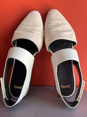 Camper slingback shoes used, leather and pony skin, size 39, white