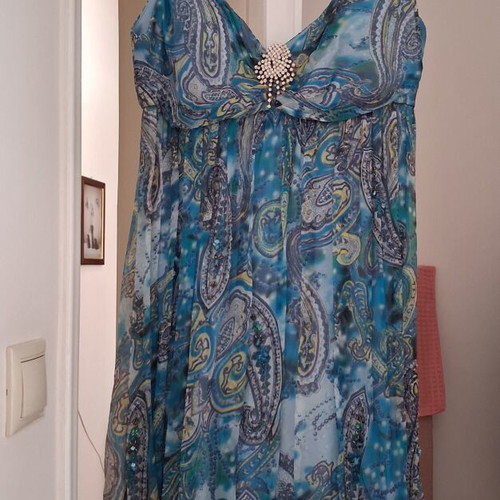Charly silk evening dress like new, blue paisley with beads