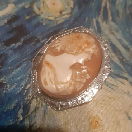 Vintage brooch like new with silver frame and carved bone relief