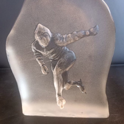Bergdala Glasbruk Vintage Crystal Paperweight Ice Speed Skater