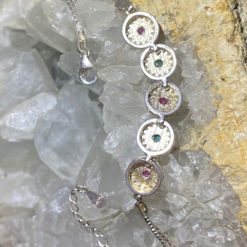 Handmade silver bracelet with natural emerald, ruby and moissanite, new