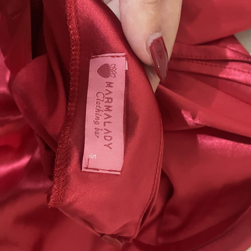Marmalady satin long red dress with slit, size S