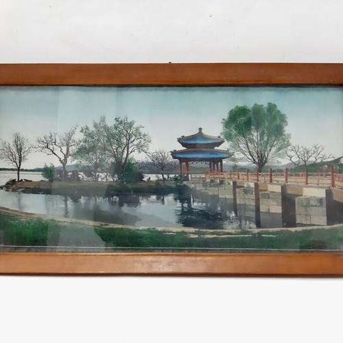 Silk tapestry mid-20th century with Chinese pagoda and bridge, used