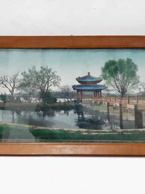 Silk tapestry mid-20th century with Chinese pagoda and bridge, used