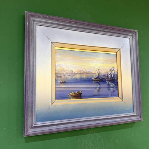 D. Nalbantis oil painting with wooden frame, view of Constantinople