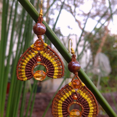 Oleander earrings with macrame art, beads, handmade, new
