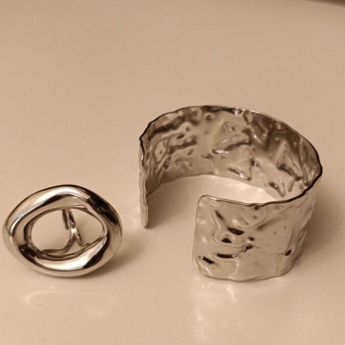 Hammered bracelet and adjustable ring set new, silver steel