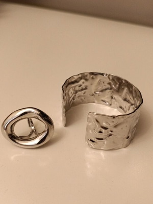 Hammered bracelet and adjustable ring set new, silver steel