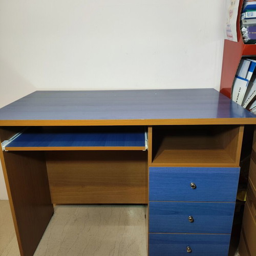 Computer desk with drawers used, natural wood and blue