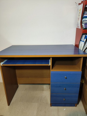Computer desk with drawers used, natural wood and blue