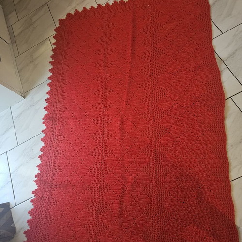 Vintage handmade red crochet blanket and pillow used