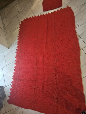Vintage handmade red crochet blanket and pillow used