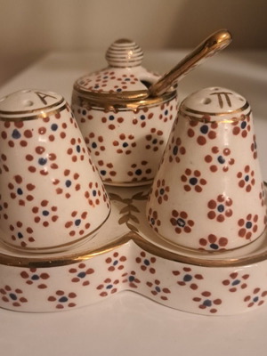 Ikaros Rhodes small salt pepper sugar set with plate and spoon used