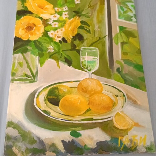 Oil painting with lemons and flowers, new, 30x40cm