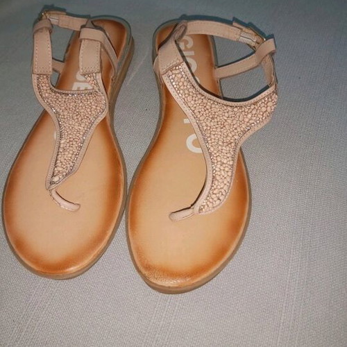Gioseppo beige sandals used with 3 cm gold heel and decorative stones