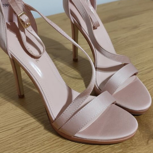 Satin sandals with diagonal strap and buckle new, size 40, nude