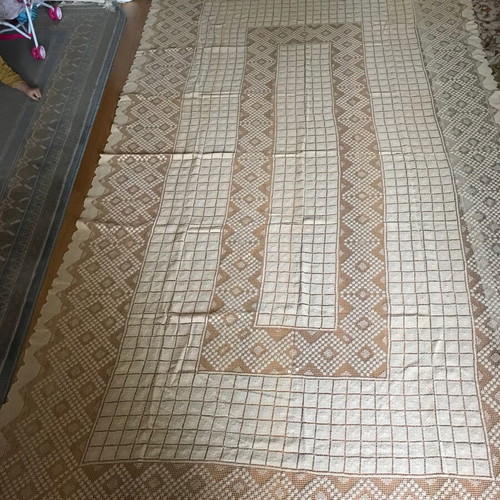 Venetian style embroidery tablecloth used, large, antique