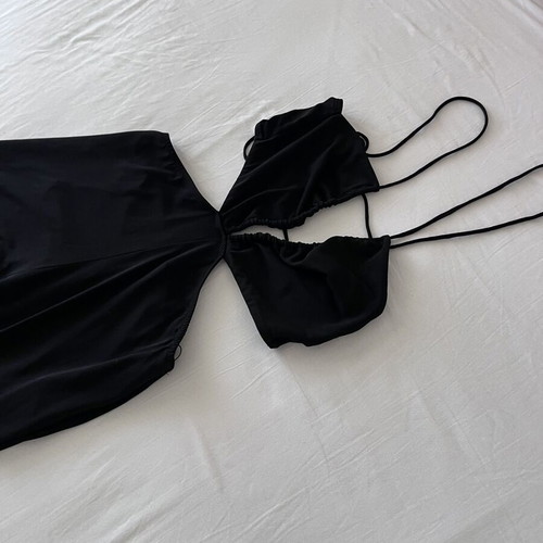 Pull & Bear black elastic cutout jumpsuit with tie cords